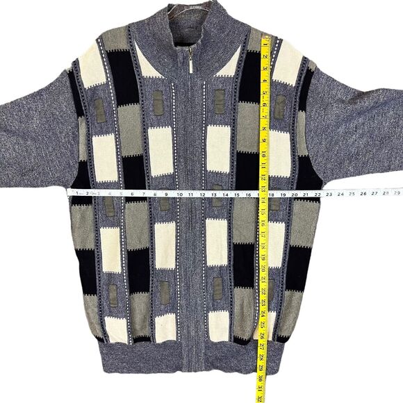 Silver Silk Sweater Mens L Elbow Patch Full Zip Textured Blue White Black Soft! - Picture 8 of 12